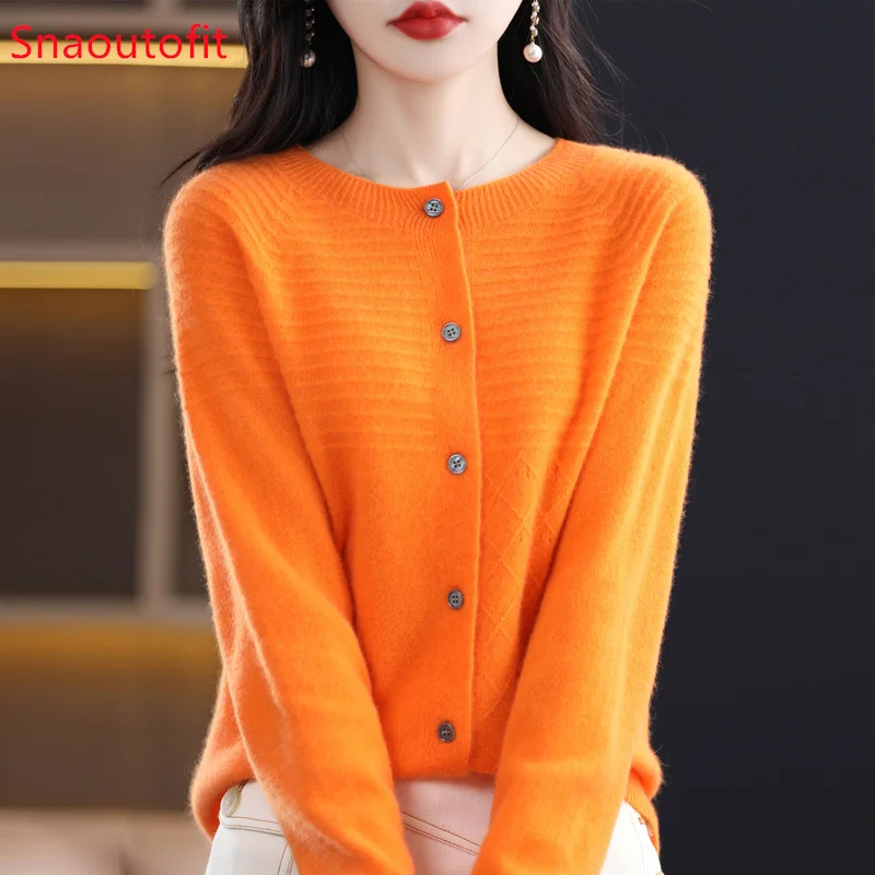 

Spring and Autumn Seamless 100% Wool Knitt Cardigan Women's Sweater O-Neck Soft Top Cashmere Sweater Bottoming Shirt Outer Tower