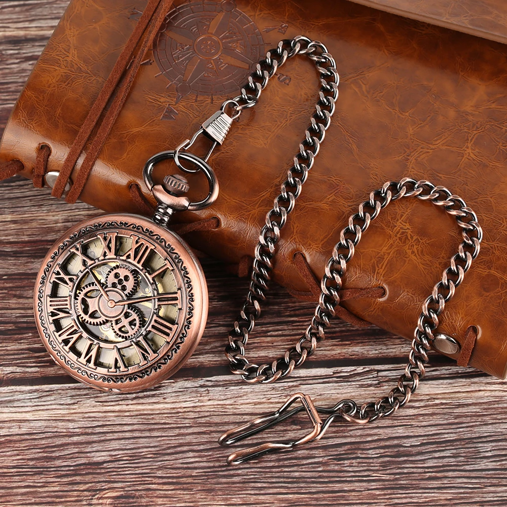 Rose Gold Gearwheel Roman Numerals Skeleton Manual Mechanical Pocket Watch Fob Chain Steampunk Vintage Pocket Timepiece Male