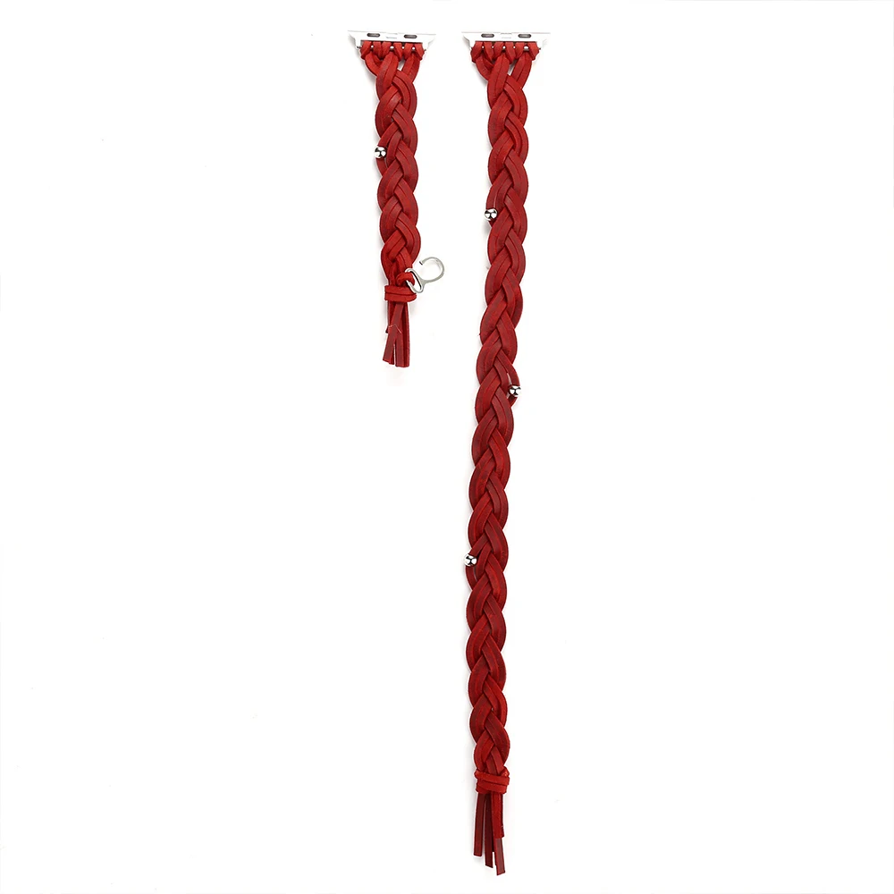 Leather Braided Strap for Apple Watch Ultra 49mm Series 45mm 41mm 44mm 40mm Women Double Loop Wristband for iWatch 8 7 6 5 4 SE