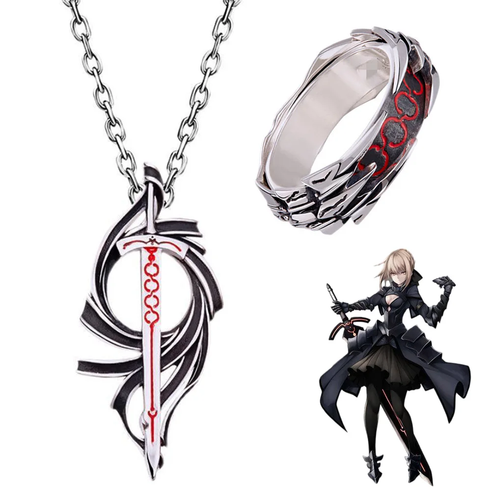 Anime Fate Stay Night Necklace Excalibur Sword Pendant Necklaces Black Saber Armour Adjustable Ring Gothic Jewelry Sets Gift
