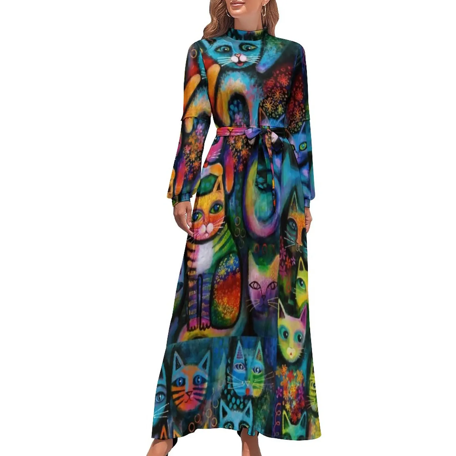 

Abstract Cat Dress Rainbow Cats Acrylics Aesthetic Bohemia Dresses Female Long Sleeve High Waist Cute Long Maxi Dress