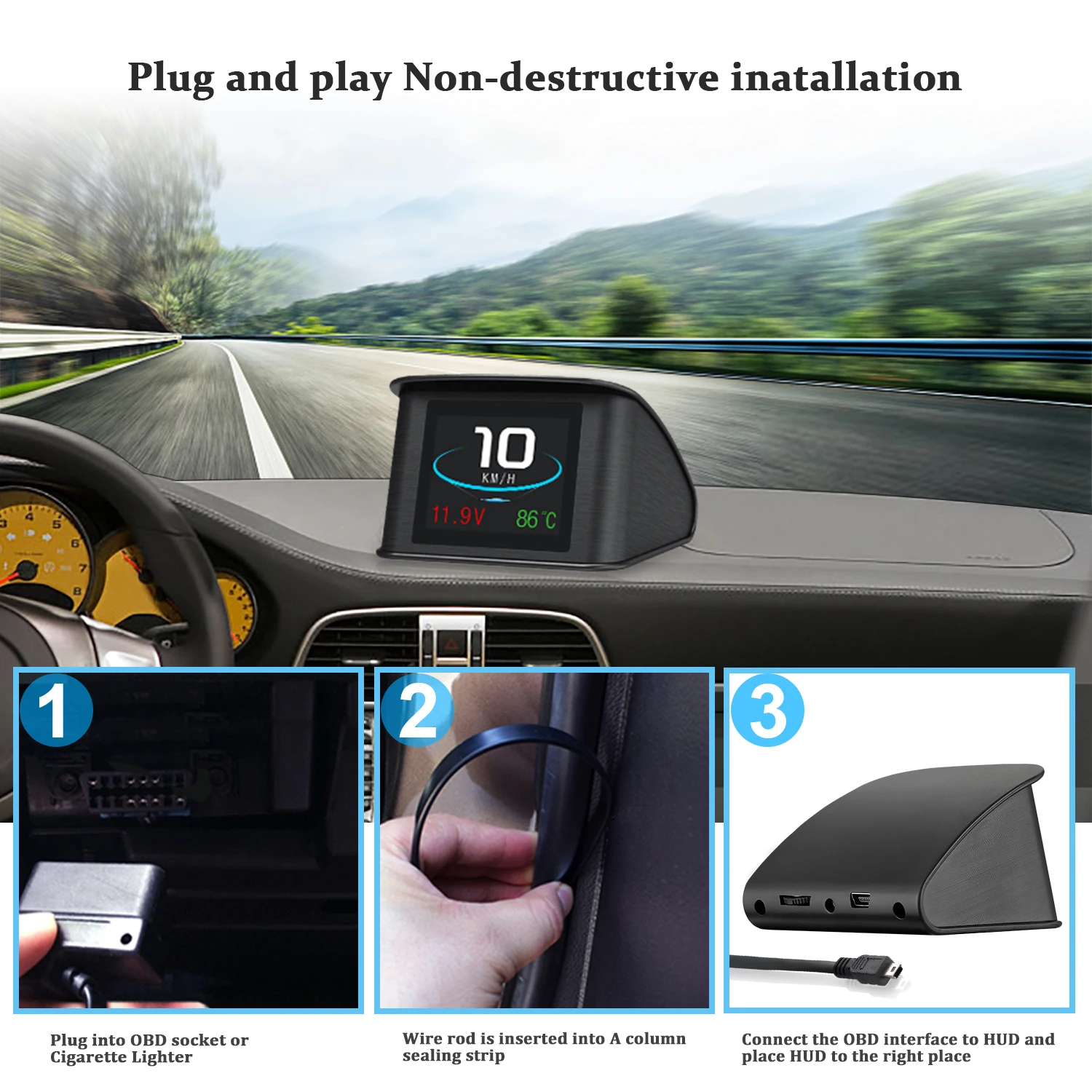 Фото Многофункциональный цифровой измеритель P10 OBD2 для бортового компьютера: напряжение, температура, давление масла, охлаждающая жидкость, 12В, USB HUD спидометр Y03 №5