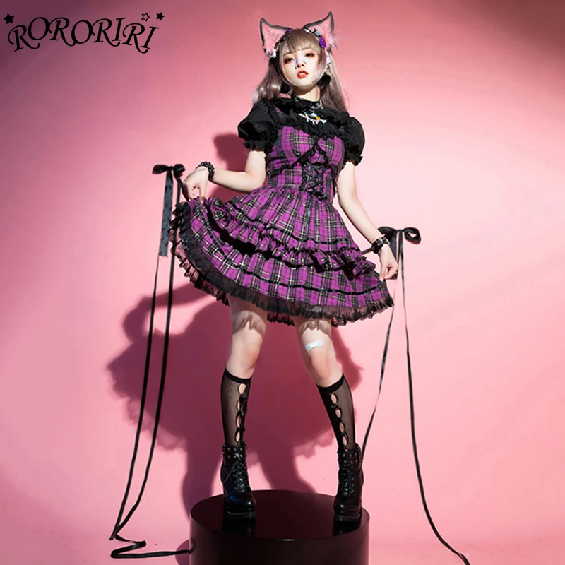 Платье RORORIRI Rokku Gyaru в клетку стиле &quotЛолита&quot Jsk женское мини-Пышное с кружевной