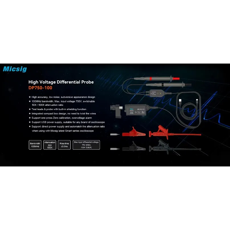Фото Новый высоковольтный дифференциальный пробник Micsig DP750-100, 750В, 100МГц, для осциллографа, коэффициент уменьшения 50X/500X, 1 шт. №5