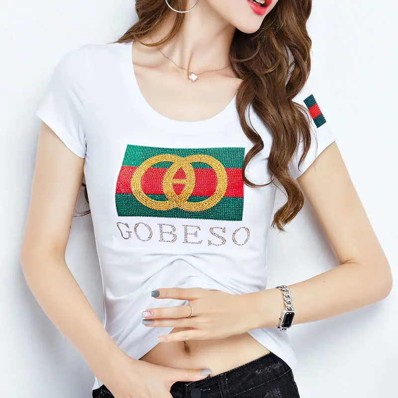 

2021 Zomer Slanke Slanke Diamant Korte Mouw T-shirt Vrouwen Joker Gedrukt Shirt