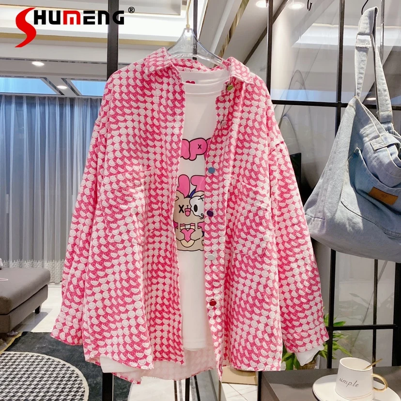 

Pink Denim Jacket Fall 2022 Spring New Long Sleeve Loose Coat Cartoon Printed Casual Clothing Women's Mid-Length Denim Jacket