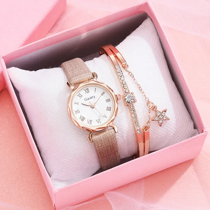 Brand 2pcs Set Casual Watch For Women Rhinestone Bracelet Watch Leather Ladies Wrist Clock Simple Dress Gfit Montre Femme