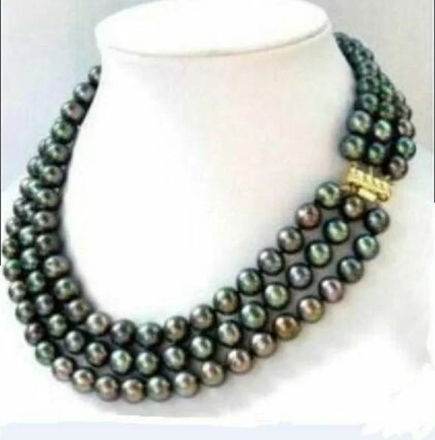 

3 strands 9-10mm SOUTH SEA BLACK PEARL NECKLACE 17-19INCH