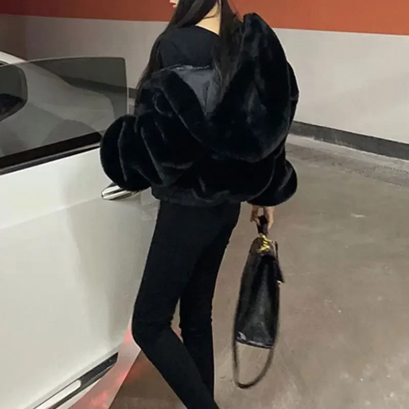 Модное черное меховое пальто короткое топы с капюшоном в стиле Харадзюку женские