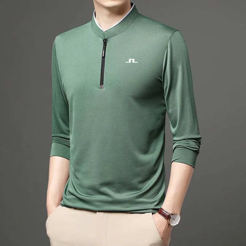 Men's Golf Polo Zipper Spring Clothes Men For T-shirt Long Sleeve Casual Everyday Versatile Wear Solid Color Cotton Top Hiking