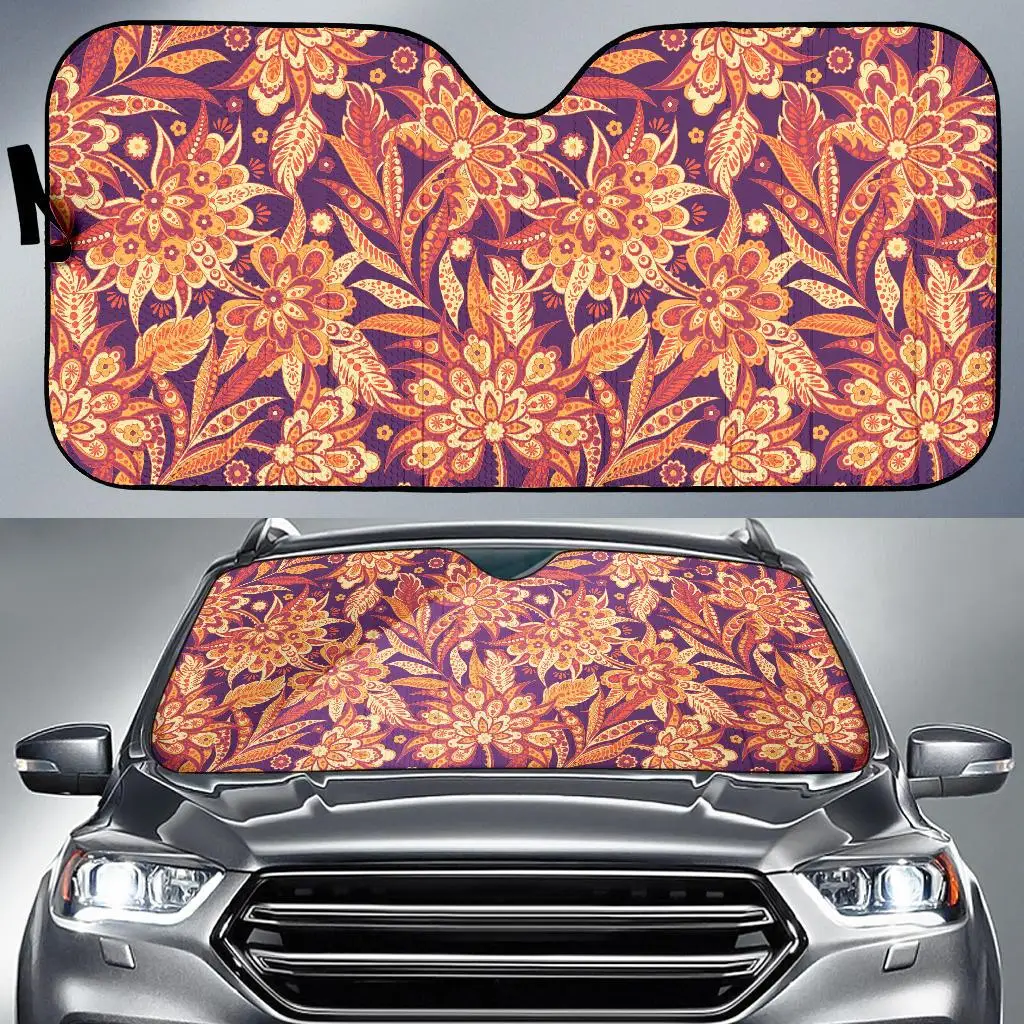 

Orange Bohemian Floral Pattern Print Car Sun Shade