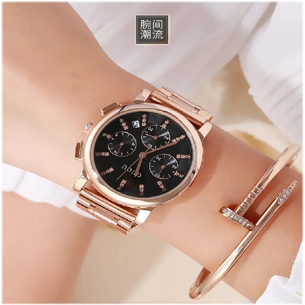 

NEW High-grade Women Watches Rose Gold Steel Dress Watch 3 Dials Design Analog Japan Movement Ladies Calendar Relogio Feminino