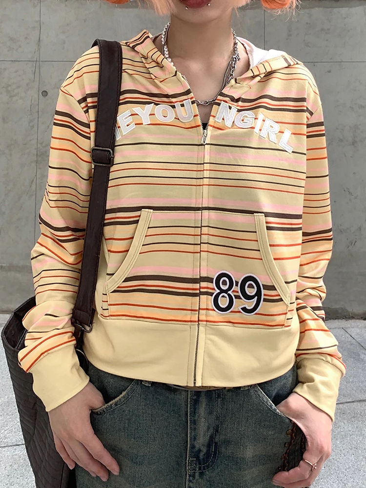 

WeiYao Vintage Stripe Y2K Cropped Hoodies Women Aesthetic Grunge Clothes Zip Up Slim Full Sleeve Pockets Preppy Jackets Tops