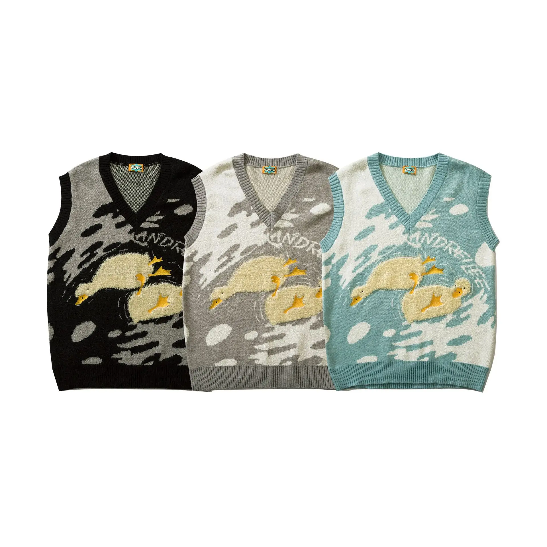 2022 New Cartoon V-neck Vest Sweater Men's Autumn Winter Fashion Japanese Couple Sweater Sleeveless Vest Sweater Blue