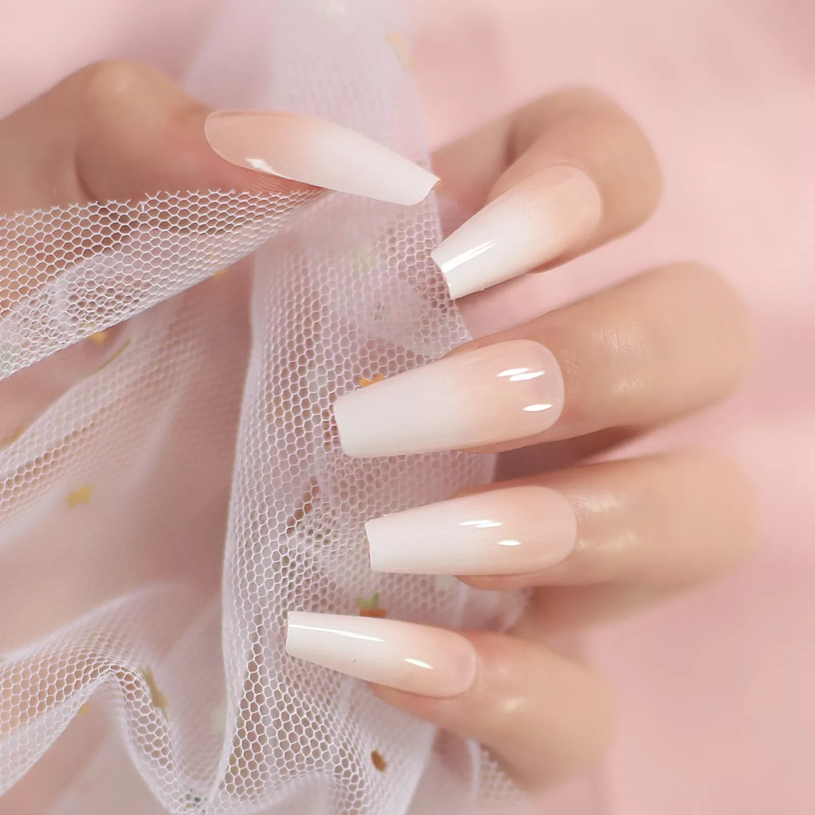 NEW IN Glossy Ombre Pink Nude White French Ballerina Coffin False Nail Gradient Press on Reusable Ballet Fake Nails Tips