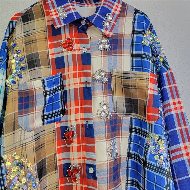 WTHT модные новые женские рубашки в клетку с яркими бриллиантами 2024 зимняя