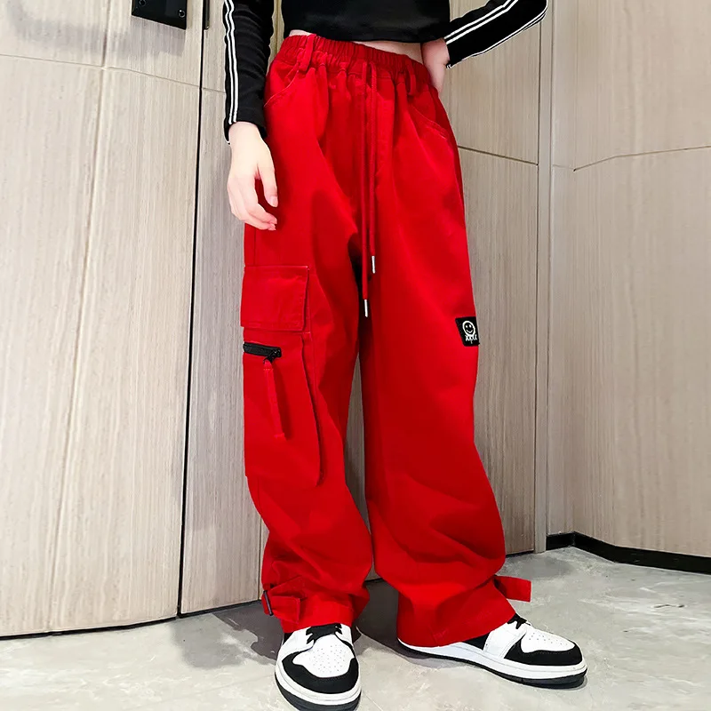 

Брюки-карго для девочек-подростков, модные красные брюки с широкими штанинами, повседневная одежда для девочек-подростков, на весну-осень, 10, 12, 13, 14, 15