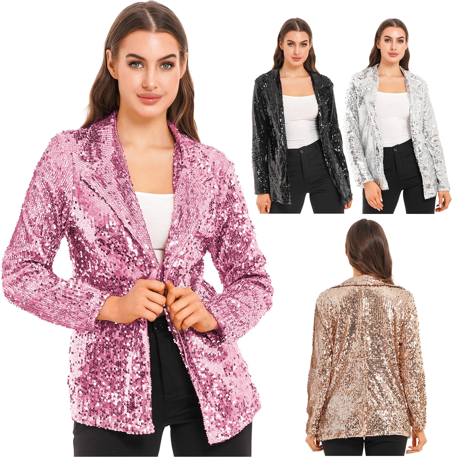 Womens Blazers Sparkly Sequins Long Sleeve Open Front Shiny Blazer Wedding Jacket for Nightclub Cocktail Party Wrap Evening Cape