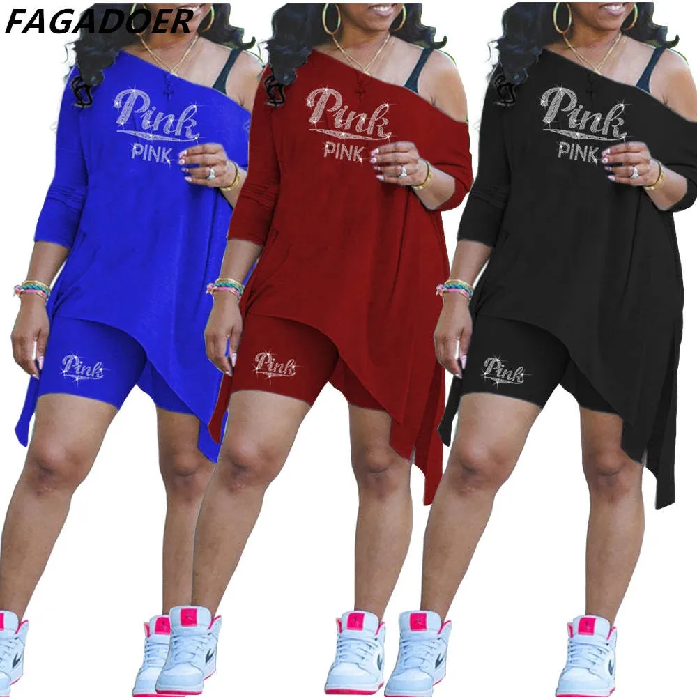 

FAGADOER Inlaid Diamonds Women Pink Letter Print Outfits 2 Piece Sets Casual One Shoulder Irregular Top Shorts Sport Streetwear