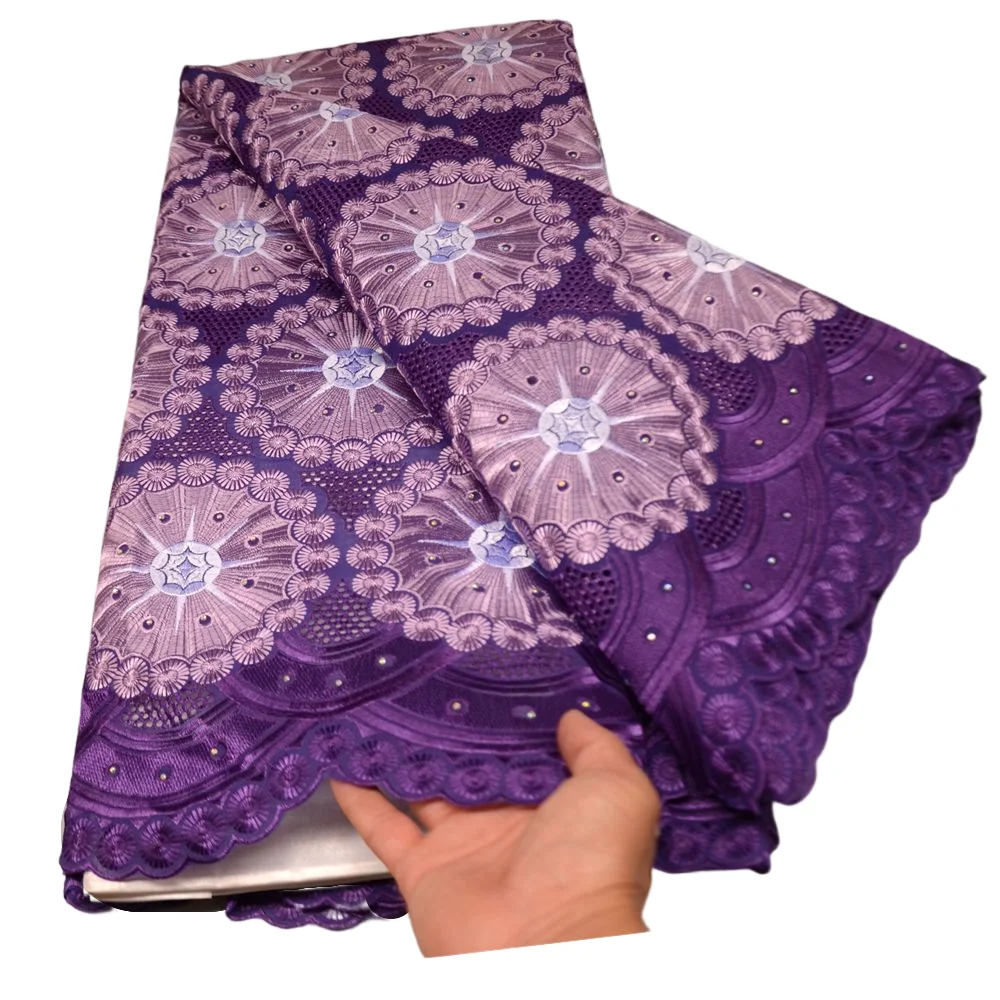 

Фиолетовое кружево, африканская сухая кружевная ткань с вышивкой камнями, нигерийская швейцарская хлопковая кружевная ткань для Гамбии, материал для одежды
