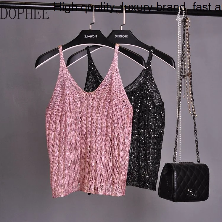 

Трикотажная футболка без рукавов с блестками и V-образным вырезом