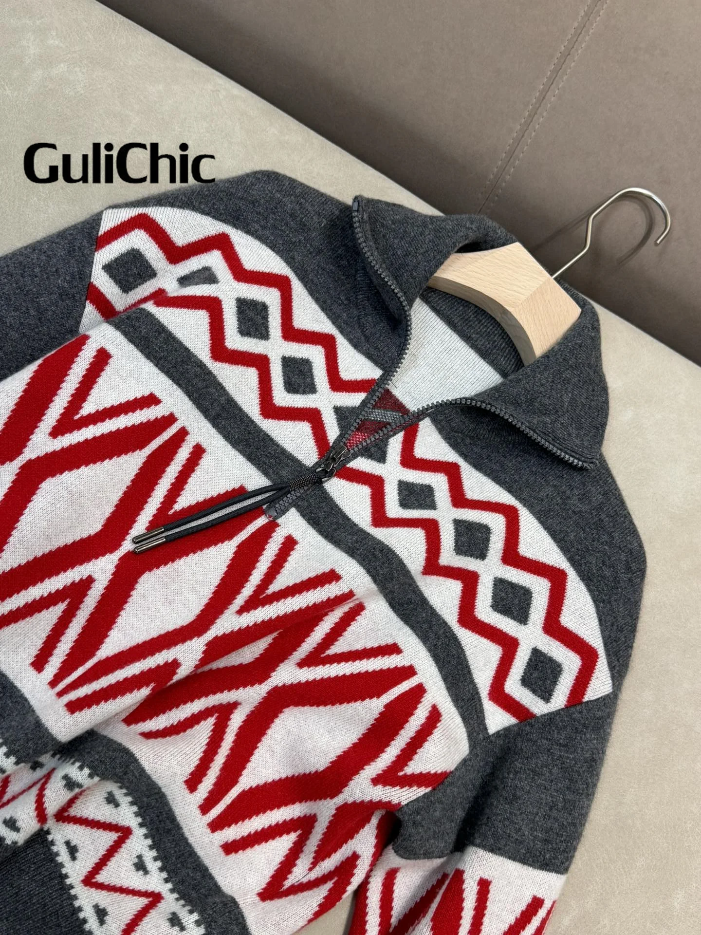 11 16 GuliChic высокое качество 2024 водолазка с геометрическим узором половина молнии