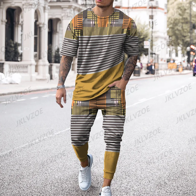 2023 Man's Plaid Striped Tracksuits Patchwork Print T-Shirts Pants 2 Piece Sets Male Casual Sport Suit New Oversized Clothes