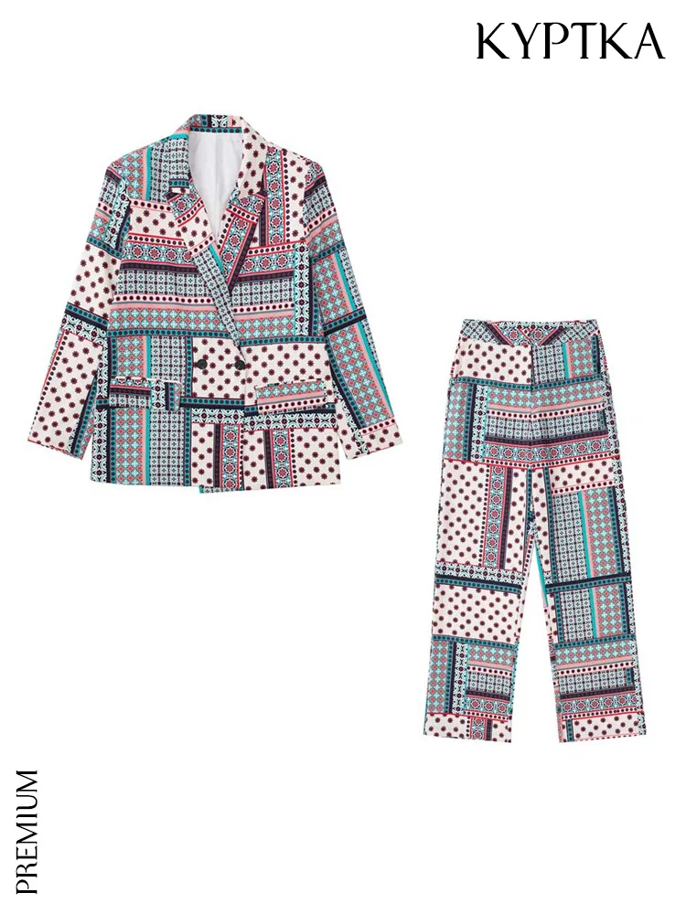 

KYPTKA Women Fashion Printed Flowing Blazer Coat And High Waist Zipper Fly Straight Pants Female Two Piece Sets Mujer