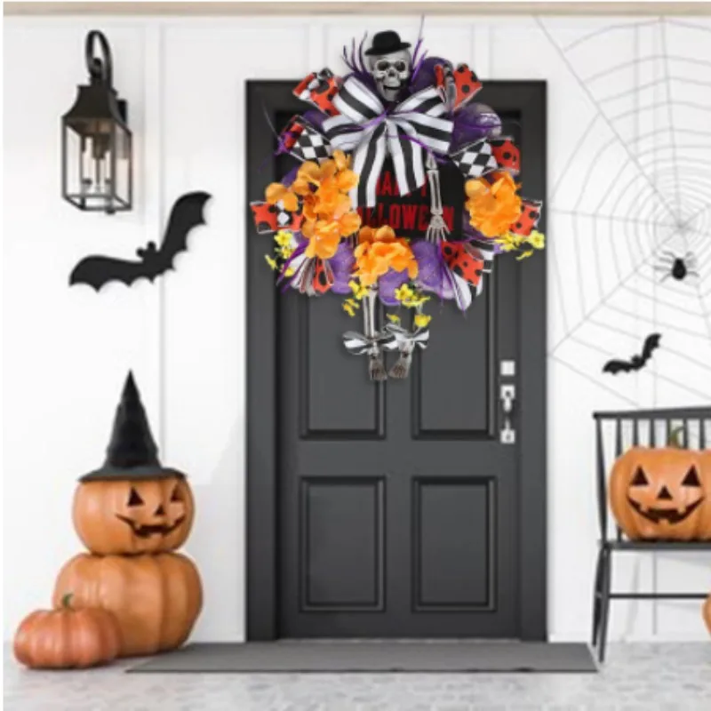 

1PC Halloween Skull Wreath With Bow Decoration Front Door Decor Window Door Hanging Skull Garland Horror Atmosphere Layout Prop