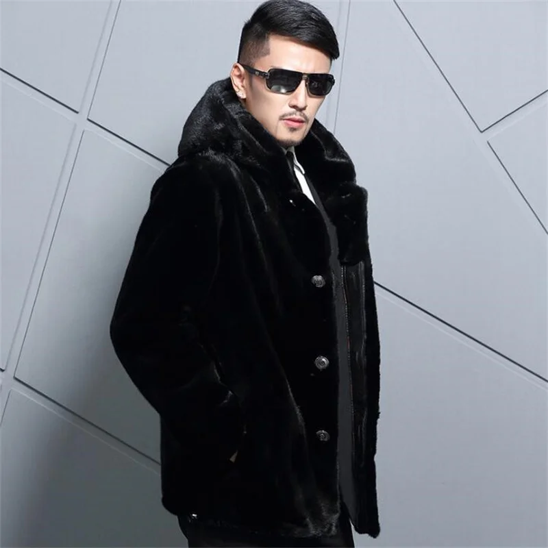 Autumn hooded faux mink fur leather jacket mens winter thicken warm Single-breasted fur leather coat men loose jackets B131