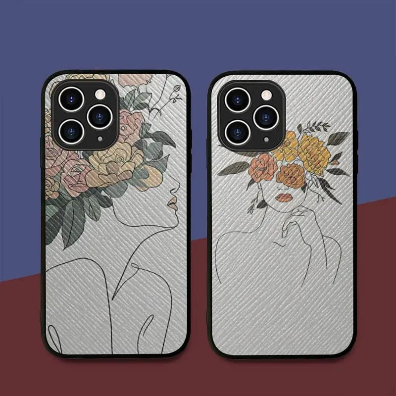 

Line Sketch Flower Girl Protection Phone Case Hard Leather Case for iPhone 11 12 13 Mini Pro Max 8 7 Plus SE 2020 X XR XS Coque