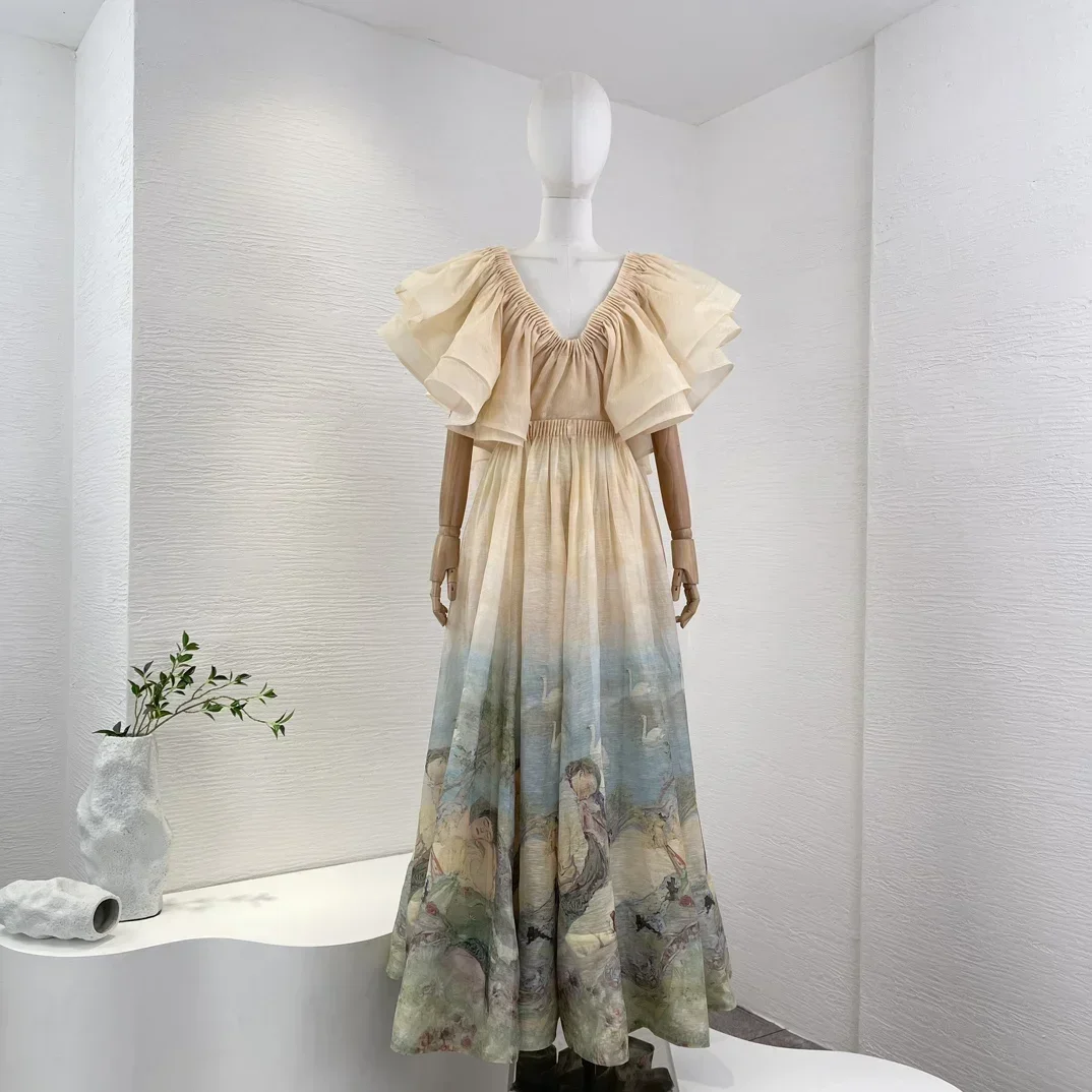 

New Collection Vintage Oil Painting Print Pleats Short Sleeve Ruffles High Quality Silk Linen Women Midi Dress