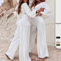 womens shirt two piece setcasual pleated top high waist wide leg pants suit 2022 elegant female outfits