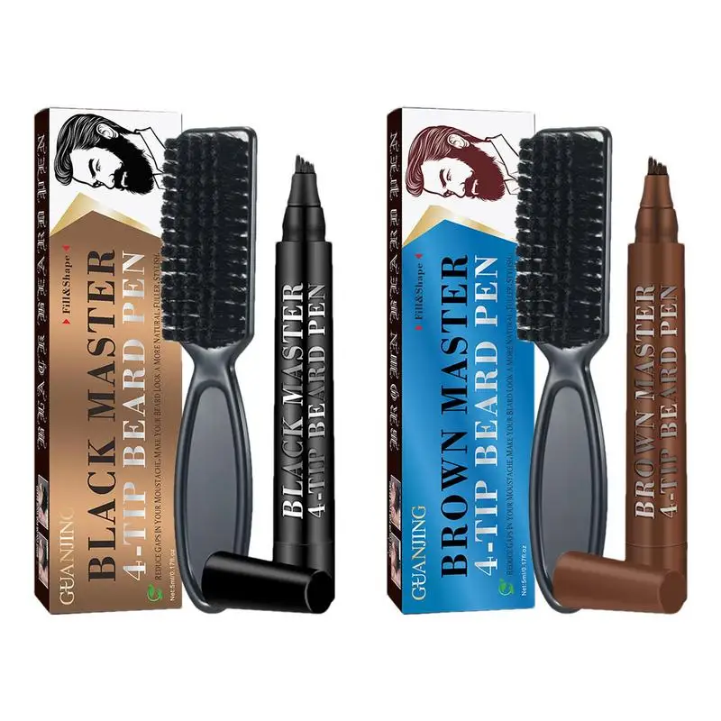 

Черно-коричневая подставка для бороды, карандаш с четырьмя зубцами для наполнения бороды с кисточкой, водостойкая Мужская ручка для ремонта усов и придания формы