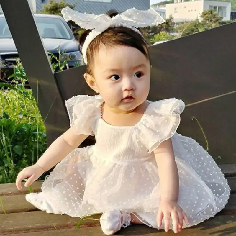 

Newborn Baby Girls Clothes Cute Fly Sleeve Princess Bodysuit + Headband Baby Girl Birthday Party Baptism Dress Shower Gifts
