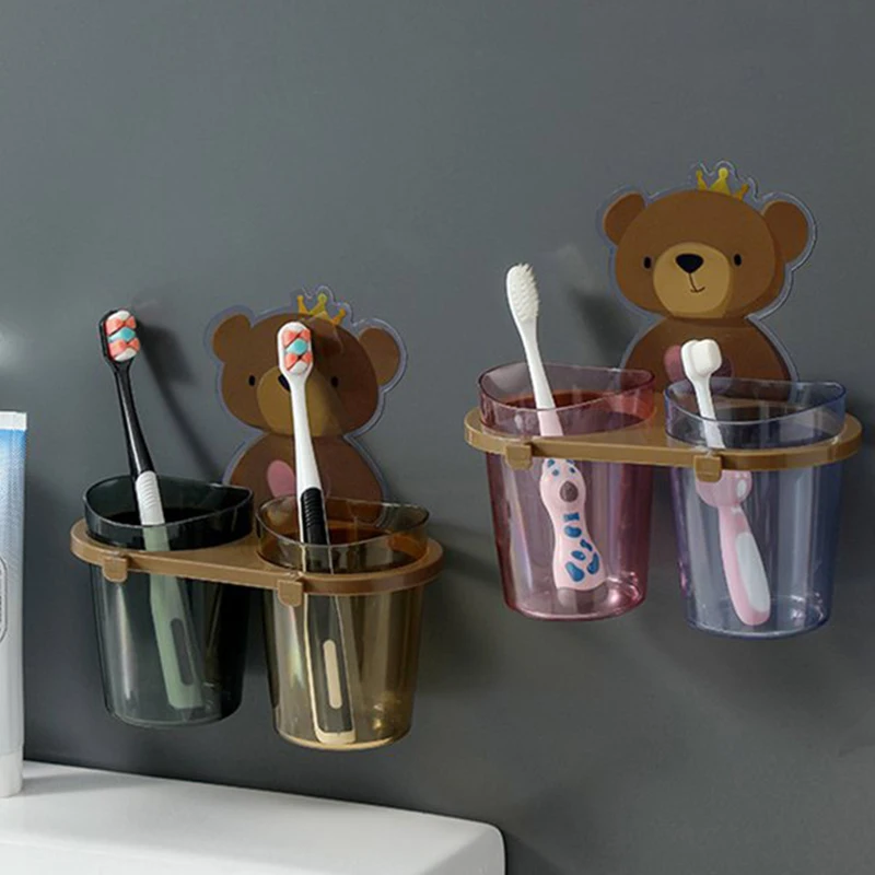 Teddy Bear Wall Mounted Toothbrush Holder Cup Punch Free Storage Rack Bathroom Supplies Organizer Bathroom Accessories tooth