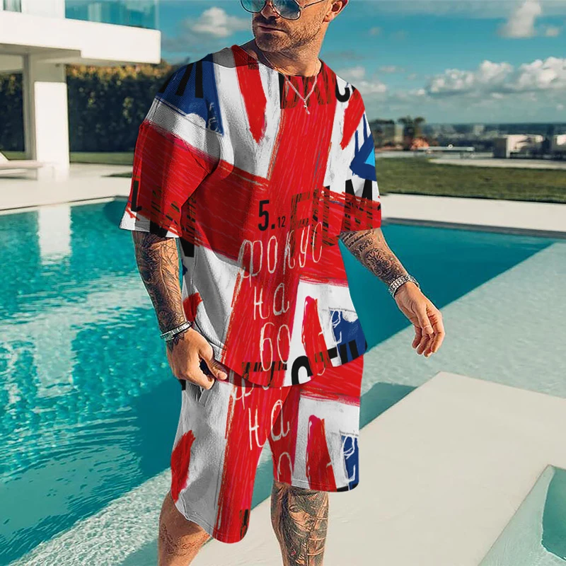 Summer Men's Casual Street Beach Shorts Set 3D Printing Color Crew Neck Street Hip Hop  Short Sleeve Two-piece Set