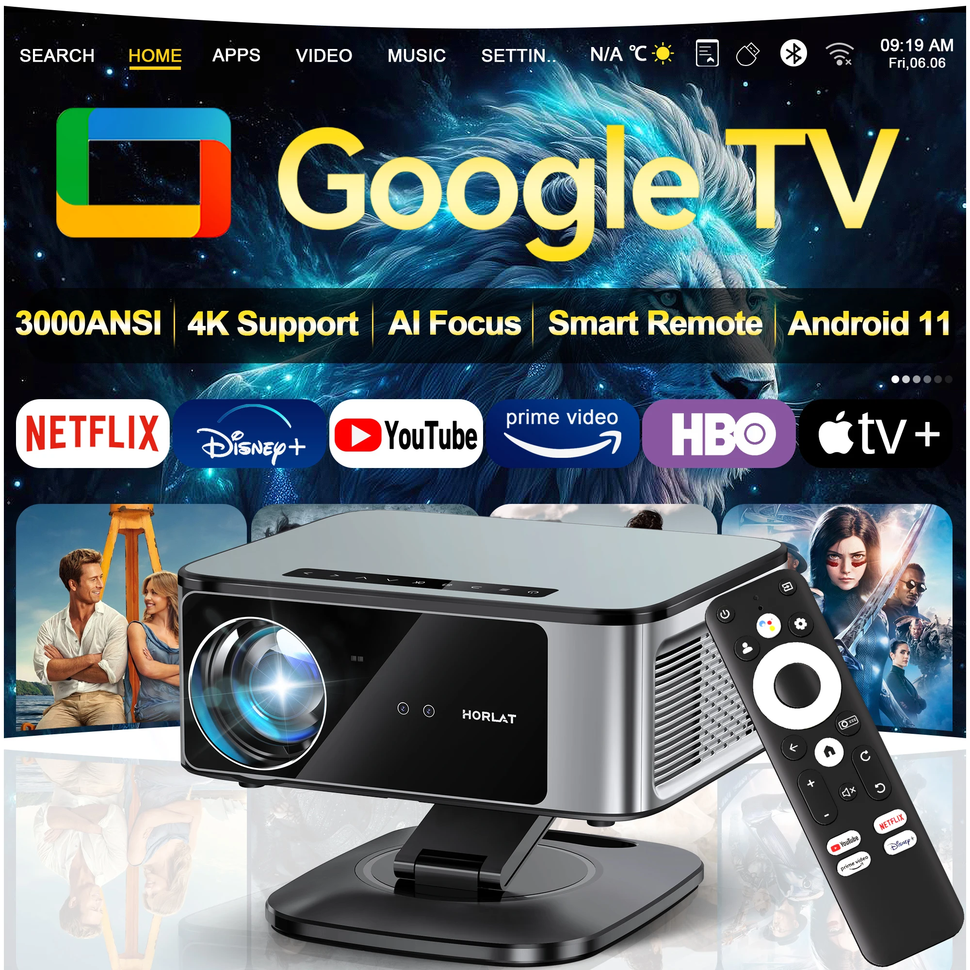 Фото Проектор HORLAT Google TV 2026, 3000 ANSI люмен, Full HD 1080P, автофокус, WiFi 6, поддержка 3D и 4K, для умного домашнего кинотеатра, Dolby №1