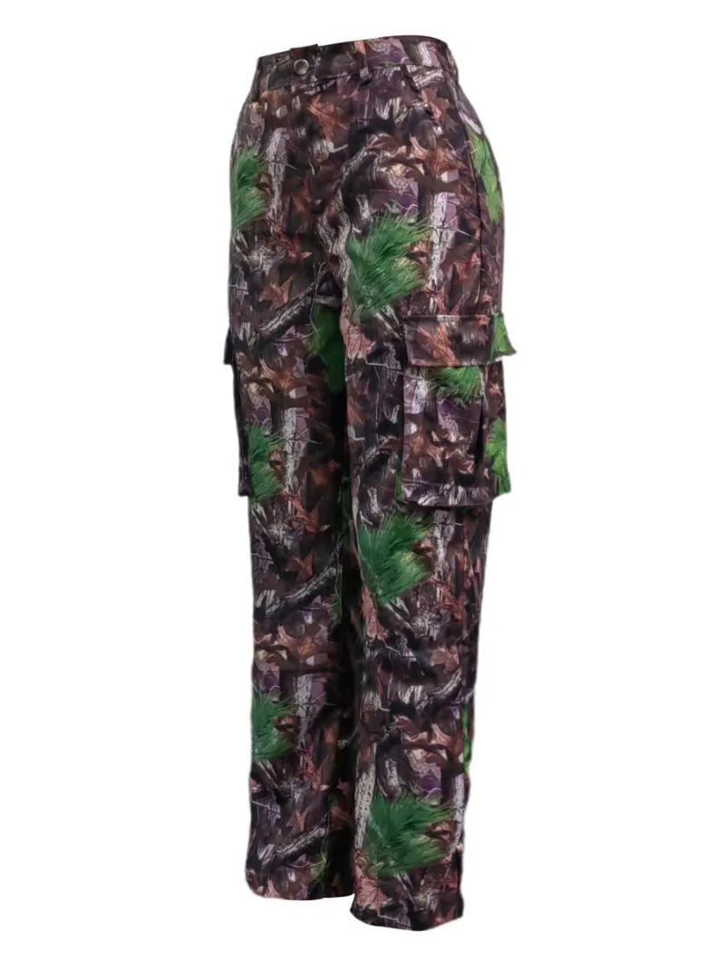 

Брюки-карго женские с принтом листьев, повседневные камуфляжные прямые штаны на молнии, средняя посадка, боковой карман, принт полностью