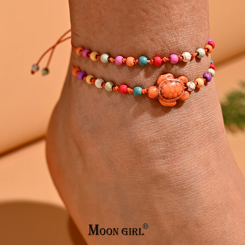 

2Pcs/Lot Colorful Anklet Bracelet Leg Foot Chain 4mm Beads Knotted Turtle Anklet Set for Women Bohemian Trendy Beach Jewelry