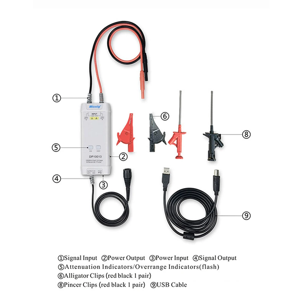 

Micsig Oscilloscope DP10013 Differential Probe Kit 1300V 100MHz High Voltage 3.5ns Rise Time 50X/500X Attenuation Rate