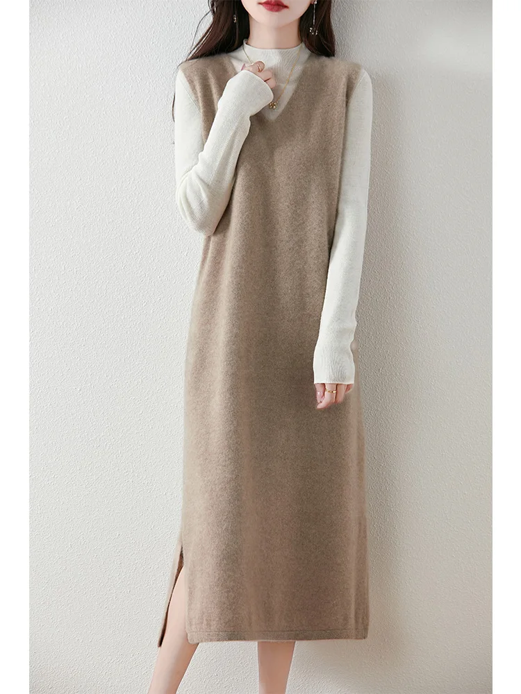 Женское трикотажное платье-жилет из 100%-ной шерсти с V-образным вырезом