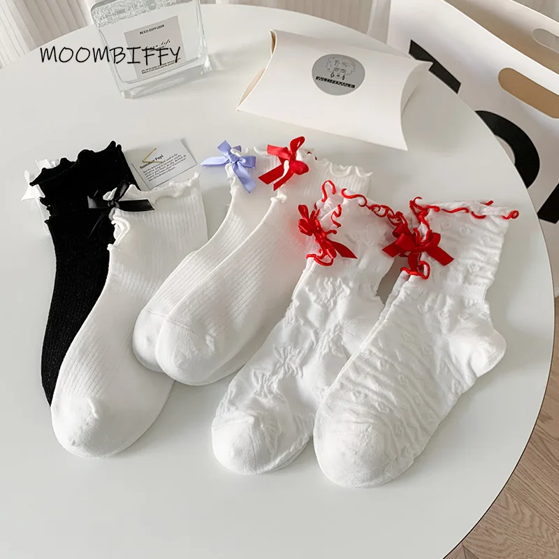 

Cotton Lolita Pile Women Socks Middle Tube Summer Ins Tide Solid Color Kawaii Cute Bow Jk Japanese College Style Student Socks