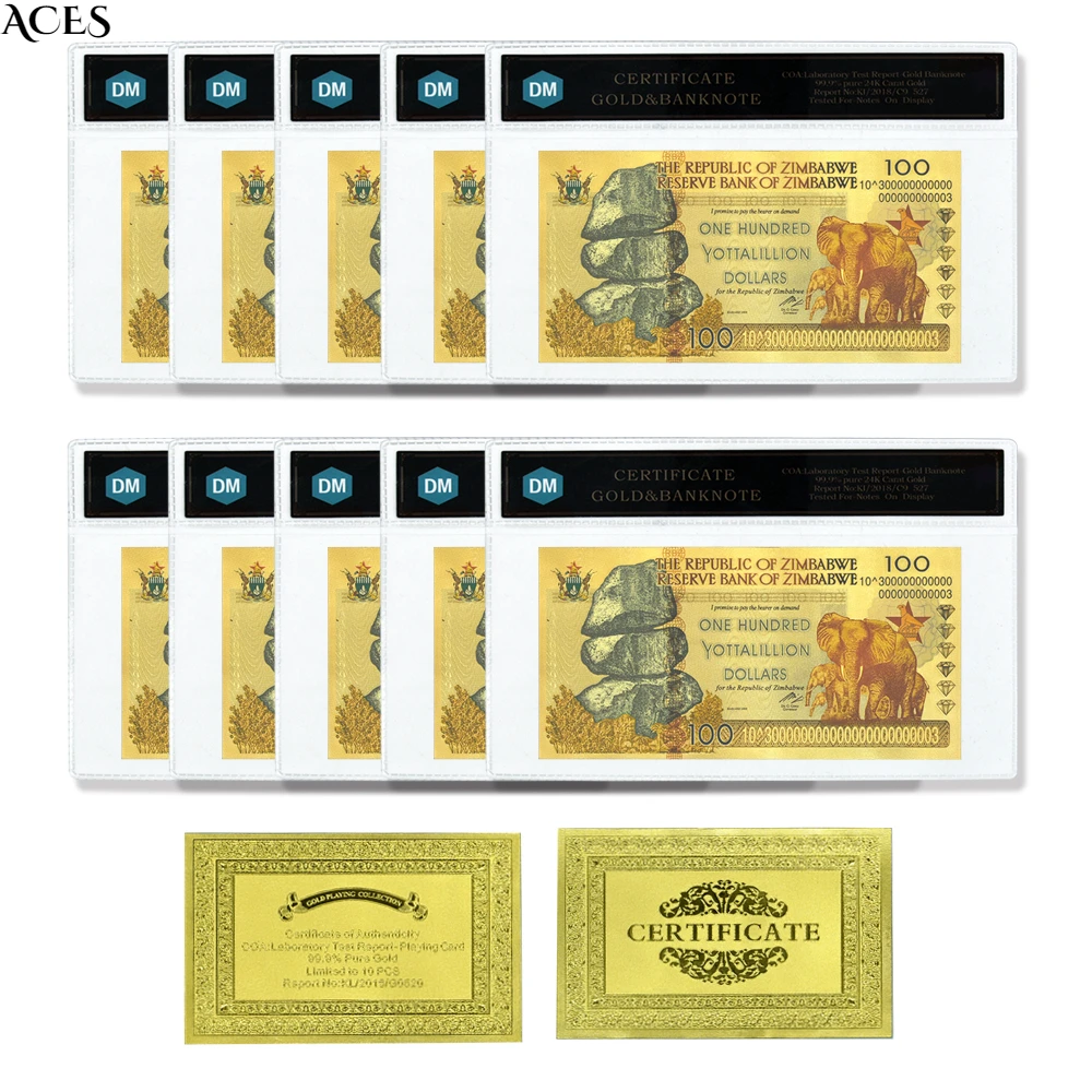 

10pcs/opp Bag Zimbabwe Gold Foil Banknotes One Hundred Yottalillion Dollars Uncurrency Art Worth Collection Souvenir