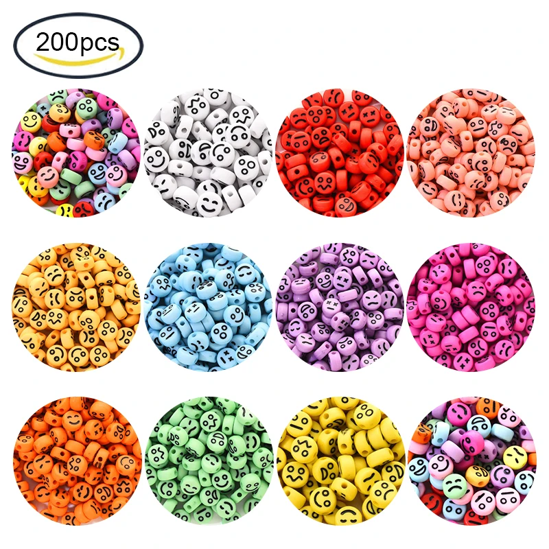 

200PCS Opaque Acrylic Beads Flat Round with Black Random Expression Mixed Color 7x4mm Hole: 1.6mm 200pcs/set