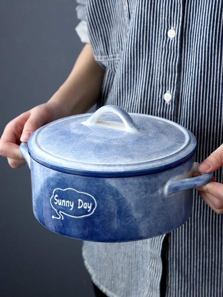 

Creativity Ceramics Instant Noodle Bowl With Lid Dorm Room Student Office Household Binaural Soup Bowls Home Kitchen Tableware