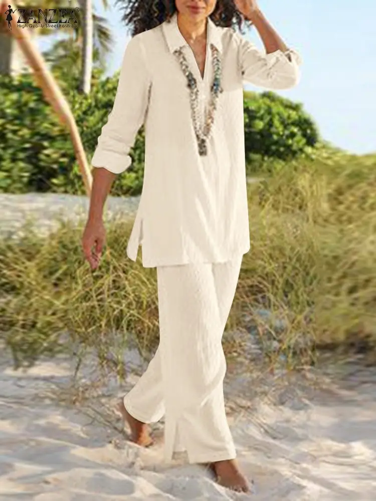 

ZANZEA 2PCS Long Sleeve Tops Ankle Length Pant Solid Color Stylish Matching Sets Vintage Casual Suit Spring Office OL Outfits