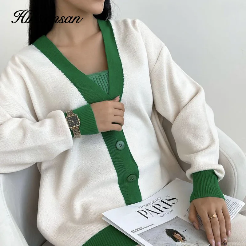 

Hirsionsan Spring Autumn Patchwork Knit Cardigans Women 2022 New Single Breasted Vintage Korean Sweaters Female Outwear Clothes