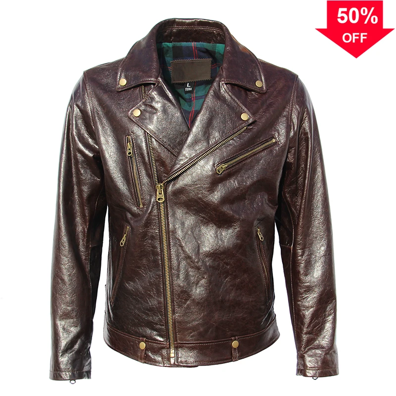 

Burgundy Soft Natural Sheepskin Leather Jacket Men 100% Oil Waxed Cowhide Genuine Leather Coat Male Clothes Chest 128cm M003