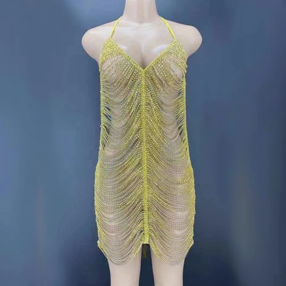 

Yeloow Fade Rhinestone Chain Hollow Out Short Sexy Dress Nightclub Party Sexy Bar Singer Performance Show Costume Stage Wear
